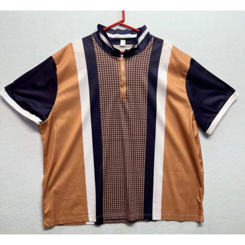 Men's Casual Front Quarter Zip Design Striped Short Sleeve Shirt Size 5XL